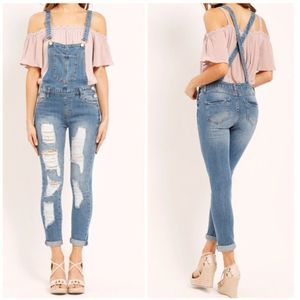 Papaya Women's Blue Denim‎ High Rise Distressed Sleeveless Overalls Size Large